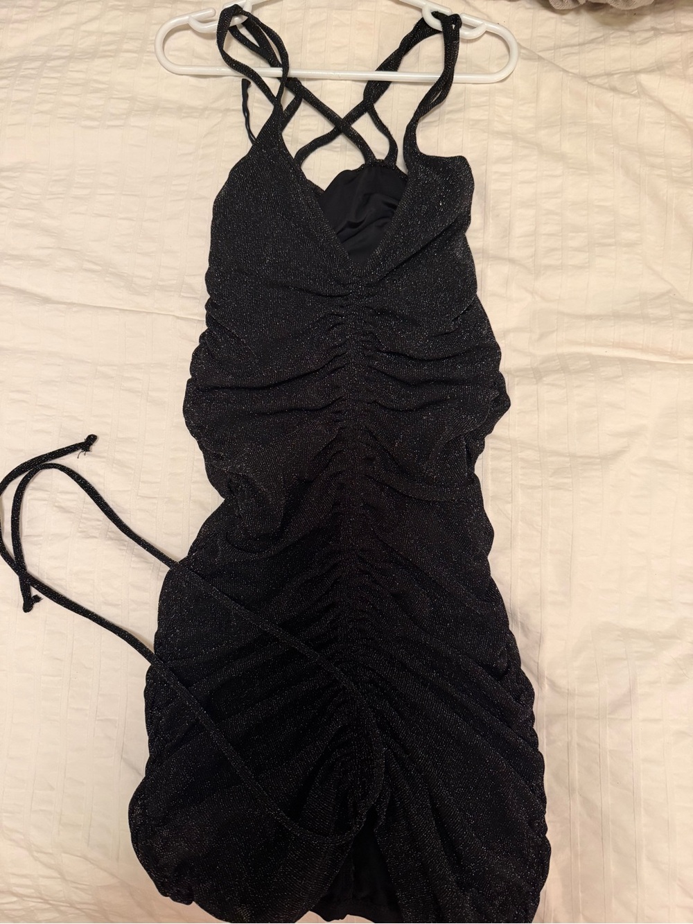 Garage Black Sparkle Ruched Crossback Mini Dress
